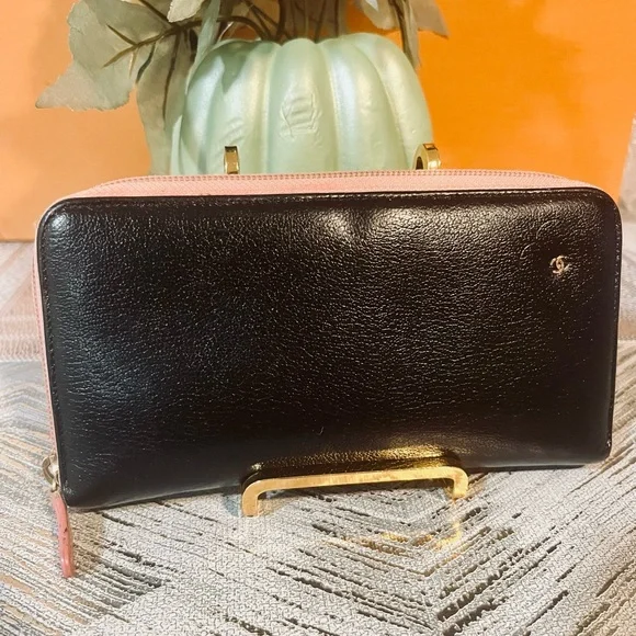 Chanel black and pink zipper long wallet